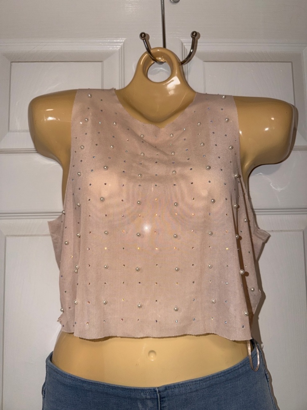 Pearl Rhinestone Sheer Sleeveless Crop Top - Blush Pink - Picture 1 of 6